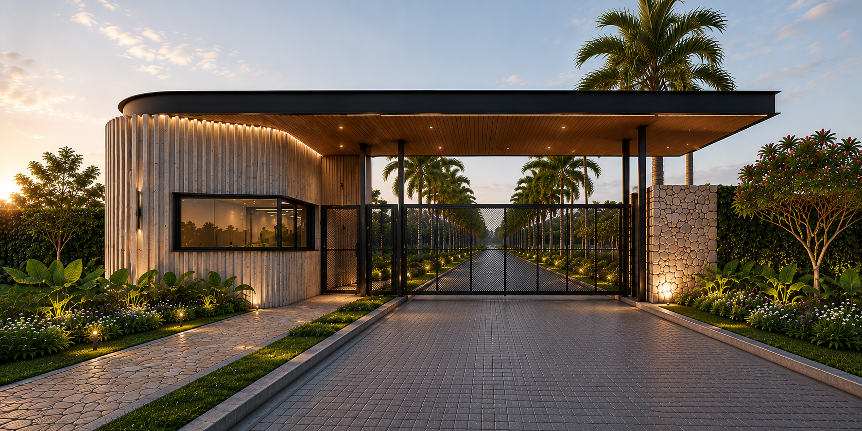Render 3D da entrada do condomínio Reserva 21 no Park Way, com guarita moderna, palmeiras alinhadas e portão de acesso